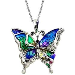 DianaL Boutique Silvertone Colorful Butterfly Pendant Necklace 24'' Stainless Steel Chain