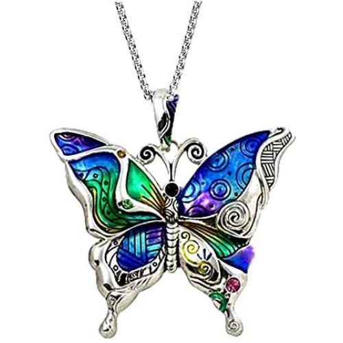 DianaL Boutique Silvertone Colorful Butterfly Pendant Necklace 24'' Stainless Steel Chain