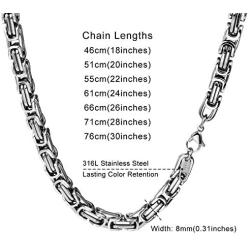 INBLUE 8.0mm Byzantine Link Chain Stainless Steel Necklace for Men Women Boys Water Resistant Chunky Biker Style Jewelry Gift