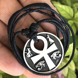 Pagan Jewelry Ankh Cross of life Anubis Bastet Bast Eye of Ra Horus Egyptian Protection Amulet Men Women Coin Pendant Necklace Money Lucky Charm Safe Travel Talisman Medallion w Black Adjustable Cord