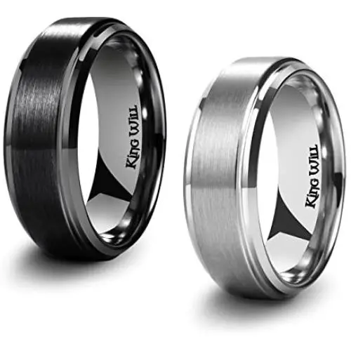 King Will BASIC Mens Black Titanium Ring 8mm Polished Beveled Stepped Edge Matte Brushed Finish Center Wedding Band 2Pcs Set