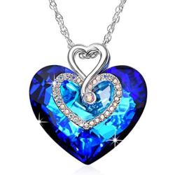Alantyer Austrian Blue Crystal I Love You Forever Double Heart Princess Pendant Necklace 14K White Gold Plated Chain Necklace for Women Girls Silver Romantic Jewelry Gift 18