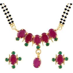 Efulgenz Indian Bollywood Traditional Gold Plated Ruby Emerald/Color CZ Stone Mangalsutra Pendant Necklace Jewelry with Chain for Women
