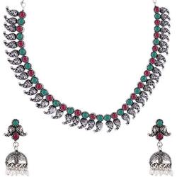 Efulgenz Boho Vintage Antique Ethnic Gypsy Indian Oxidized Silver Crystal Cubic Zirconia Bridal Necklace Earrings Jewelry Set