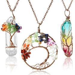 Hicarer 3 Pieces Tree Life Pendant Tree Life Quartz Crystal Pendant Necklace Chakra Gemstone Copper Wire Wrap Necklace