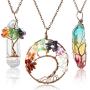 Hicarer 3 Pieces Tree Life Pendant Tree Life Quartz Crystal Pendant Necklace Chakra Gemstone Copper Wire Wrap Necklace