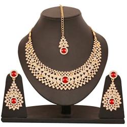 Touchstone Indian Bollywood Intricately Crafted Diamond Look Rhinestone Crystal Colorful Wedding Designer Jewelry Necklace Set in Gold and Silver Tone for Women.