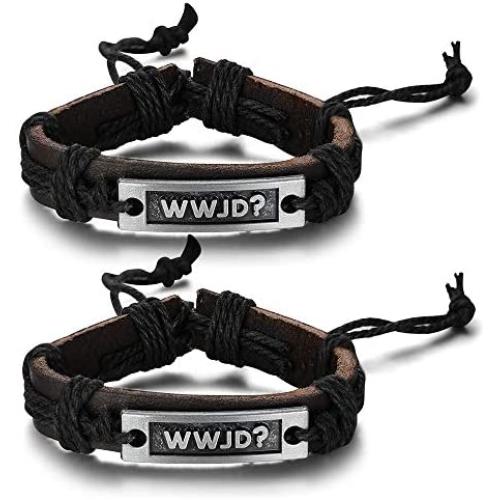 PJ Jewelry 2 Pack Religious What Would Jesus Do WWJD Braided Leather Bracelet Wristband for Men