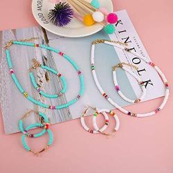 Heishi Surfer Necklace Bracelet Earrings Set, African Vinyl Disc Bead Choker Necklace Bracelet Hoop Earring, Summer Fashion Jewelry for Women, Girls