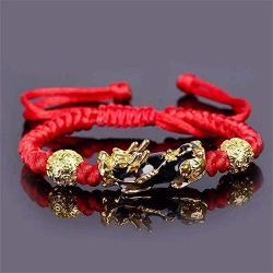 2Pcs/Set Enameled Feng Shui PiXiu Handwoven Bracelets Set Wealth Lucky Bracelets Strand Thread Cord Chains Red Black Handmade Braided Rope Bracelet for Protection for Women Girls Amulet Jewelry