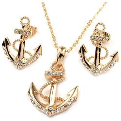 FC Jory Rose Gold Plated Crystal Diamante Anchor Necklace Earrings Studs Jewelry Set