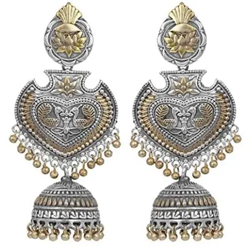Aheli Exquisite Peacock Flower Design Oxidized Jhumki Earrings Crafted Indian Ethnic Dangler Fashion Jewelry for Women Girls