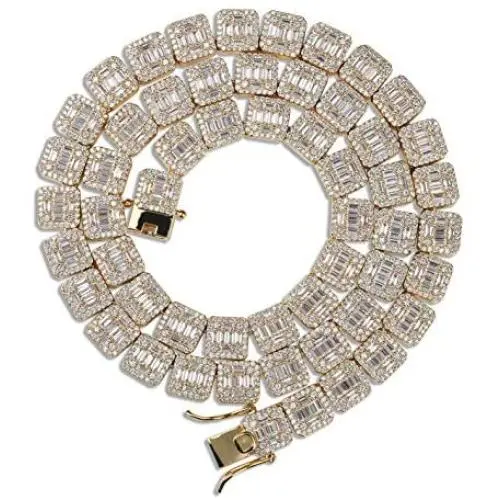 JINAO 10MM 18k Gold Plated Iced Out Jumbo Square Sparkling Baguette Cubic Zirconia Tennis Link Chains for Men JINAO 10MM 18k Gold Plated Iced Out Jumbo Square Sparkling Baguette Cubic Zirconia Tennis Link Chains for Men