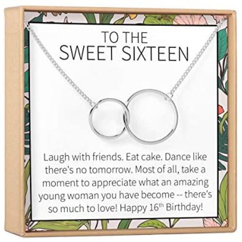 Sweet 16 Gift Necklace: Sweet Sixteen, 16th Birthday, Gift for Her, 2 Interlocking Circles (silver-plated-brass, NA)