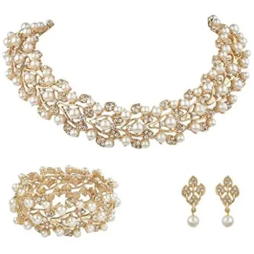 EVER FAITH Austrian Crystal Bridal Ivory Color Simulated Pearl Leaf Luxury Necklace Earrings Bracelet Set EVER FAITH Austrian Crystal Bridal Ivory Color Simulated Pearl Leaf Luxury Necklace Earrings Bracelet Set
