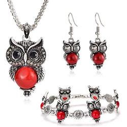 COLORFUL BLING 3 Pack Owl Jewelry Sets for Women Girls,Vintage Silver Ethnic Tribal Boho Turquoise Black Red Pendant Necklace Drop Earrings Charm Bracelet Set