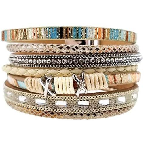 EunWow Leather Multilayer Bracelet Ladies Bracelet Women Magnetic Closure