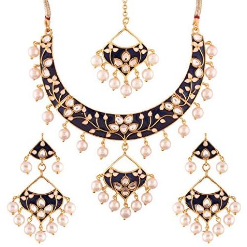 I Jewels 18k Gold Plated Indian Wedding Bollywood Kundan Meenakari Necklace Jewelry Set for Women