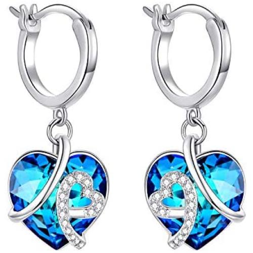 AOBOCO Heart Crystal Dangle Earrings, Sterling Silver Hoop Earrings for Women Love Knot Jewelry Gifts for Her