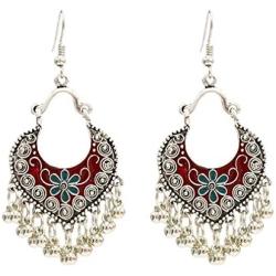 YAZILIND Women Drop Dangle Bohemian Earrings Flower Beaded Tassel Vintage Silver Hook Earrings Statement Ethnic Antique