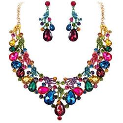 BriLove Wedding Bridal Jewelry Set for Women Austrian Crystal Teardrop Cluster Statement Necklace Dangle Earrings Set