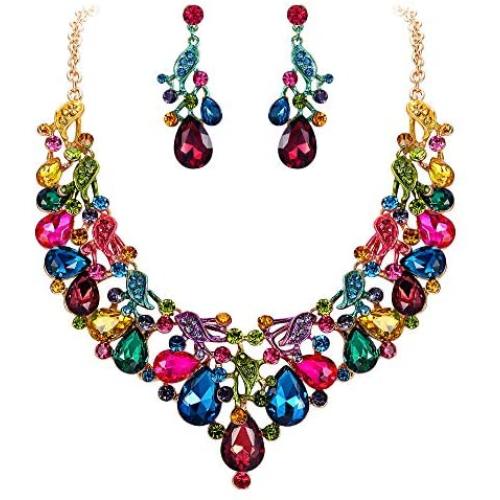 BriLove Wedding Bridal Jewelry Set for Women Austrian Crystal Teardrop Cluster Statement Necklace Dangle Earrings Set