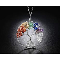 Blingsoul Tree of Life Pendant Necklace - Chakra Quartz Gemstones Silver Crystal Jewelry St. Patrick Day Gift for Women