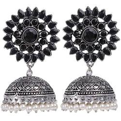 Efulgenz Boho Vintage Antique Ethnic Gypsy Tribal Indian Oxidized Silver Pearl Drop Floral Jhumka Dangle Earrings Jewelry