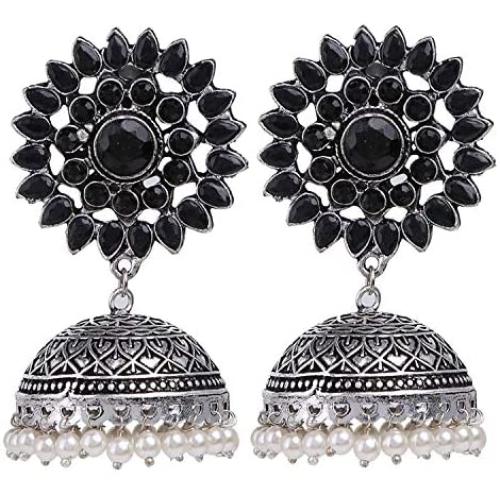Efulgenz Boho Vintage Antique Ethnic Gypsy Tribal Indian Oxidized Silver Pearl Drop Floral Jhumka Dangle Earrings Jewelry