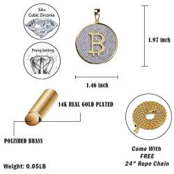 TOPGRILLZ Fully Iced Out CZ 14K Gold Plated Bitcoin Cryptocurrency Pendant Necklace Chain Men