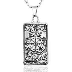 4ZOM Silver Stainless Steel X Wheel of Fortune Tarot Card Pendant Necklace