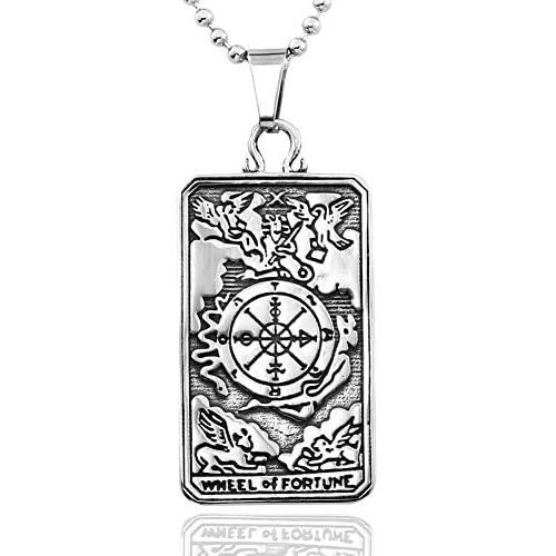 4ZOM Silver Stainless Steel X Wheel of Fortune Tarot Card Pendant Necklace