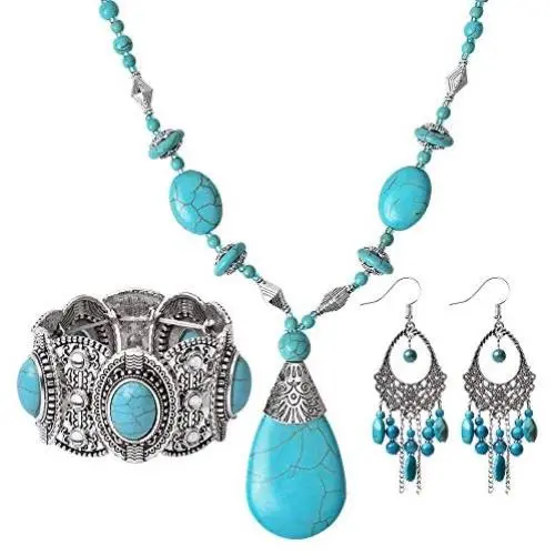 U/D Bohemian Turquoise Hand-Knotted Necklace Set of 3-Turquoise Necklace, Turquoise Stretchable Bracelet, Pair of Earrings U/D Bohemian Turquoise Hand-Knotted Necklace Set of 3-Turquoise Necklace, Turquoise Stretchable Bracelet, Pair of Earrings