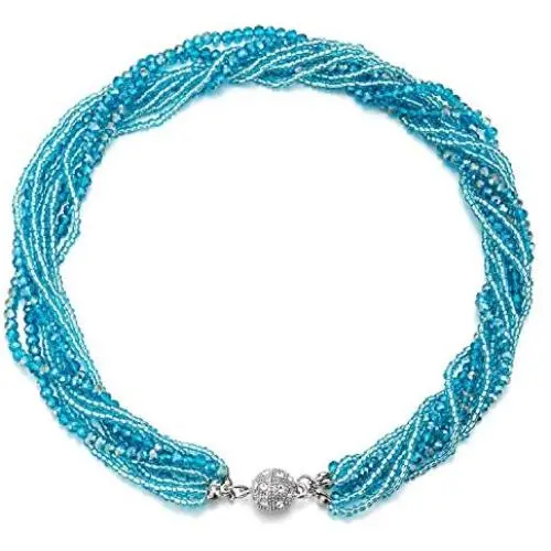 COOLSTEELANDBEYOND Teal Blue Statement Necklace Multi-Layer Beads Crystal Braided Chain Choker Collar Magnetic Clasp