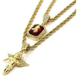 Jewel Town Mens Gold Angel & P Ruby Bundle Set Cz Pendant Hip Hop 24'' & 30'' Rope Chain D463