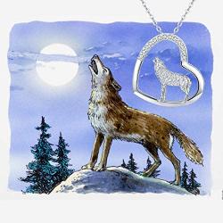 TRISHULA Wolf Necklace, 925 Sterling Silver Howling Wolf Heart Necklace with Cubic Zircon Animal Pendant Necklace Wolf Gift for Women Girls 18''+2'' (Gift Box Included)