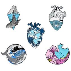 Gillna 5 Pcs Blue Ocean Wave Heart Enamel Pins Set Whale Brooches Lapel Pins Ocean Theme Freedom Blue Sea Art Badges for Bag Clothes Backpack Denim Jewelry Gifts