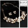 Blufly Vintage Pearl Earrings and Necklace Set Boho Gold Olive Leaf Crystal Earrings Set Rhinestone Sweater Necklaces Bib Necklace Chain Bridal Jewelry Set for Women and Girls