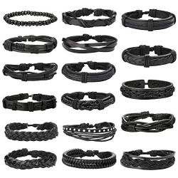 Jstyle 17Pcs Braided Leather Bracelet for Men Women Wooden Beaded Cuff Wrap Bracelet Adjustable