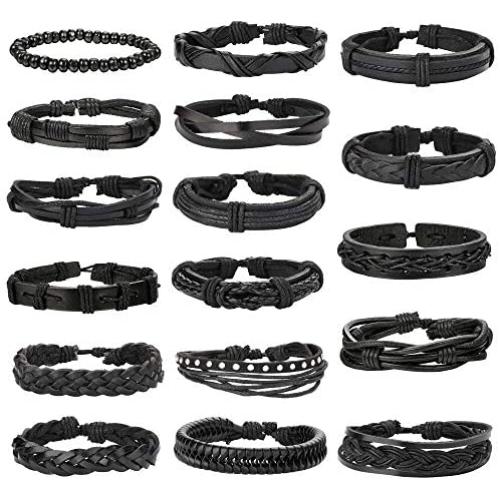 Jstyle 17Pcs Braided Leather Bracelet for Men Women Wooden Beaded Cuff Wrap Bracelet Adjustable