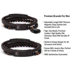 KC Premium Leather Beads Bracelet Men Engraved Inspirational Adjustable Magnetic Clasp Steel Wristband Braided Cuff Tiger-Eye Beaded Stone Bangle Gift for Him Black Brown Silver Gold