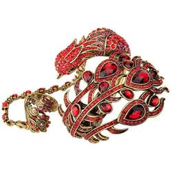 YACQ Womens Hinged Big Peacock Bracelet Slave Stretch Ring Set - Fit Wrist Size 6-1/2 to 7-1/2 Inch & Finger 7 to 9 - Lead Nickle Free - Halloween Costome Outfit