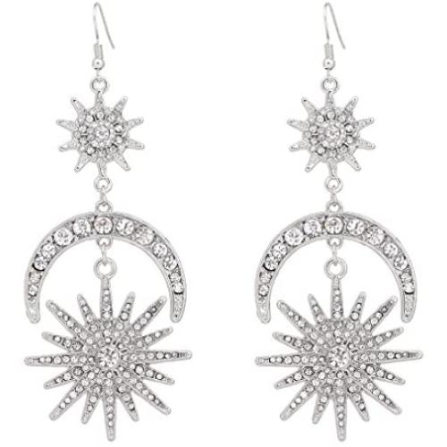 HSWE Statement Rhinestone Drop Earrings for Women Star Moon Burst Crystal Dangle Earrings wedding Party Jewelry