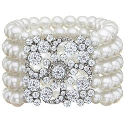 Zking Art Deco Bracelet Gatsby 5 Rows Fashion Faux Pearl Elastic Bangle 20s Flapper Accessories Jewelry