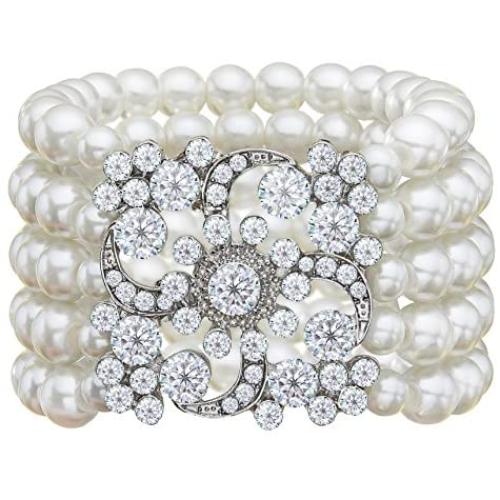 Zking Art Deco Bracelet Gatsby 5 Rows Fashion Faux Pearl Elastic Bangle 20s Flapper Accessories Jewelry
