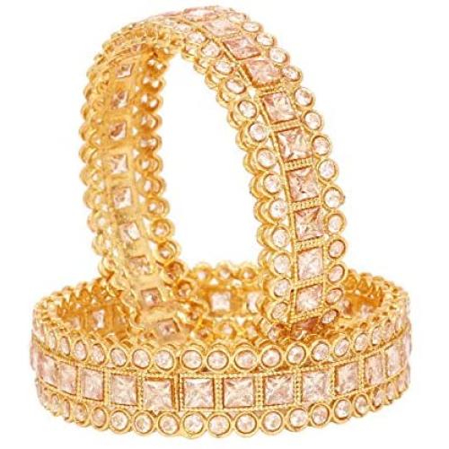SANARA Ethnic Indian Bollywood Gold Plated Traditional Reverse AD Stone Bangle Bracelet Set Women Wedding Jewelry