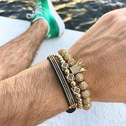 FRG Crown King Charm Men Bracelet Pave CZ Luxury Fashion Charm Royal Stacked Bracelet Set 18K Gold Bracelet Mens Jewelry