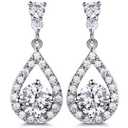 GULICX Silver Plated Base Round Cut Flawless CZ Cubic Zirconia Crystal White Women Drop Earrings