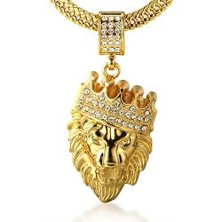 Halukakah ● Kings Landing ● Gold Chain for Men 18k Real Gold Plated Iced Out Crown Lion Pendant Necklace,Full Cz Lab Diamonds Prong Set,with Sharktail Chain 30''/Tennis Chain 20'',Free Giftbox