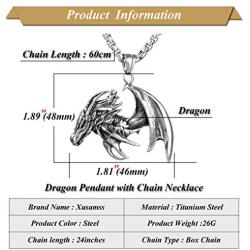 Xusamss Punk Titanium Steel Wing Dragon Pendant Necklace with 24inches Link Chain